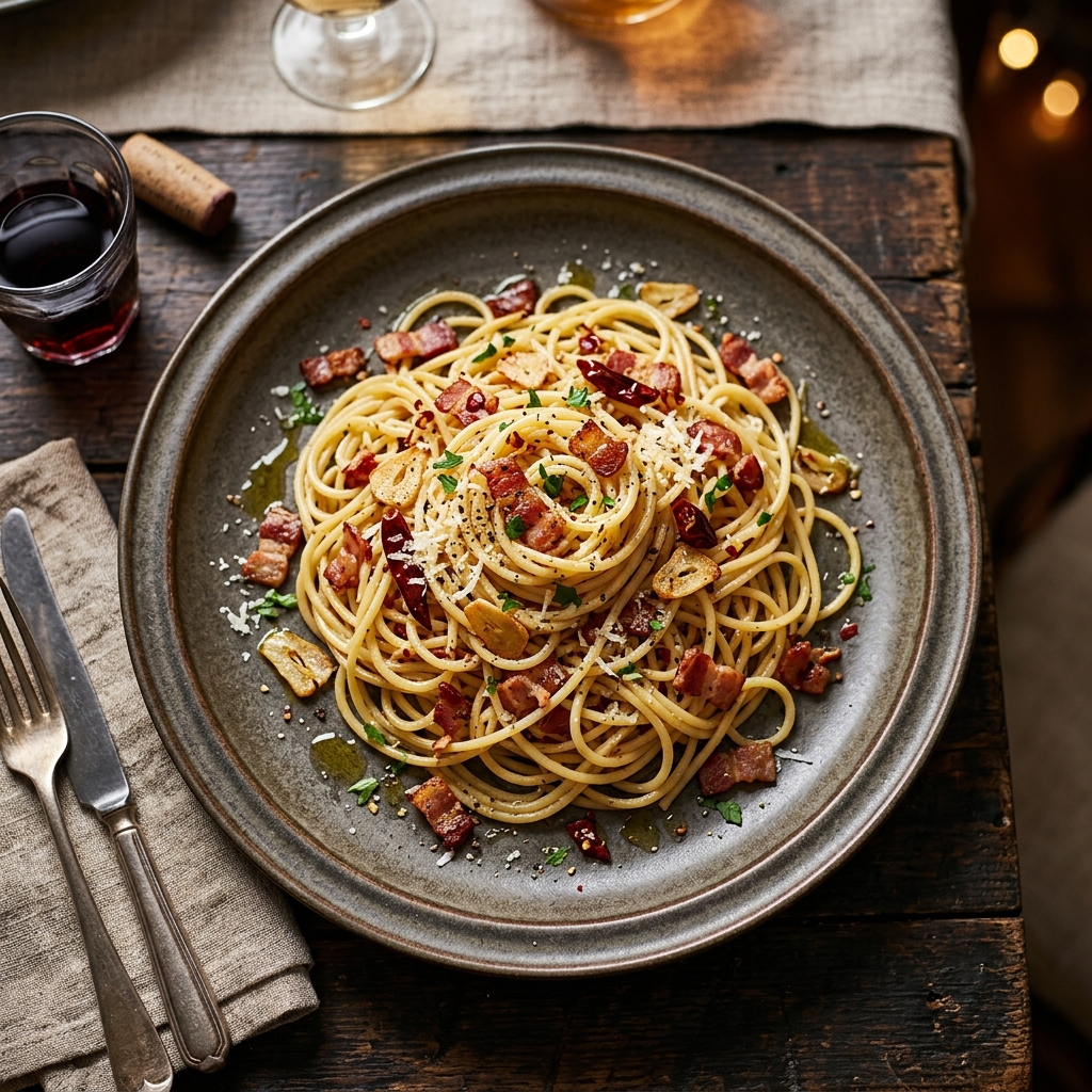 สปาเก็ตตี้ เบคอนพริกแห้ง (AOP Spaghetti with Bacon and Dried Chili)